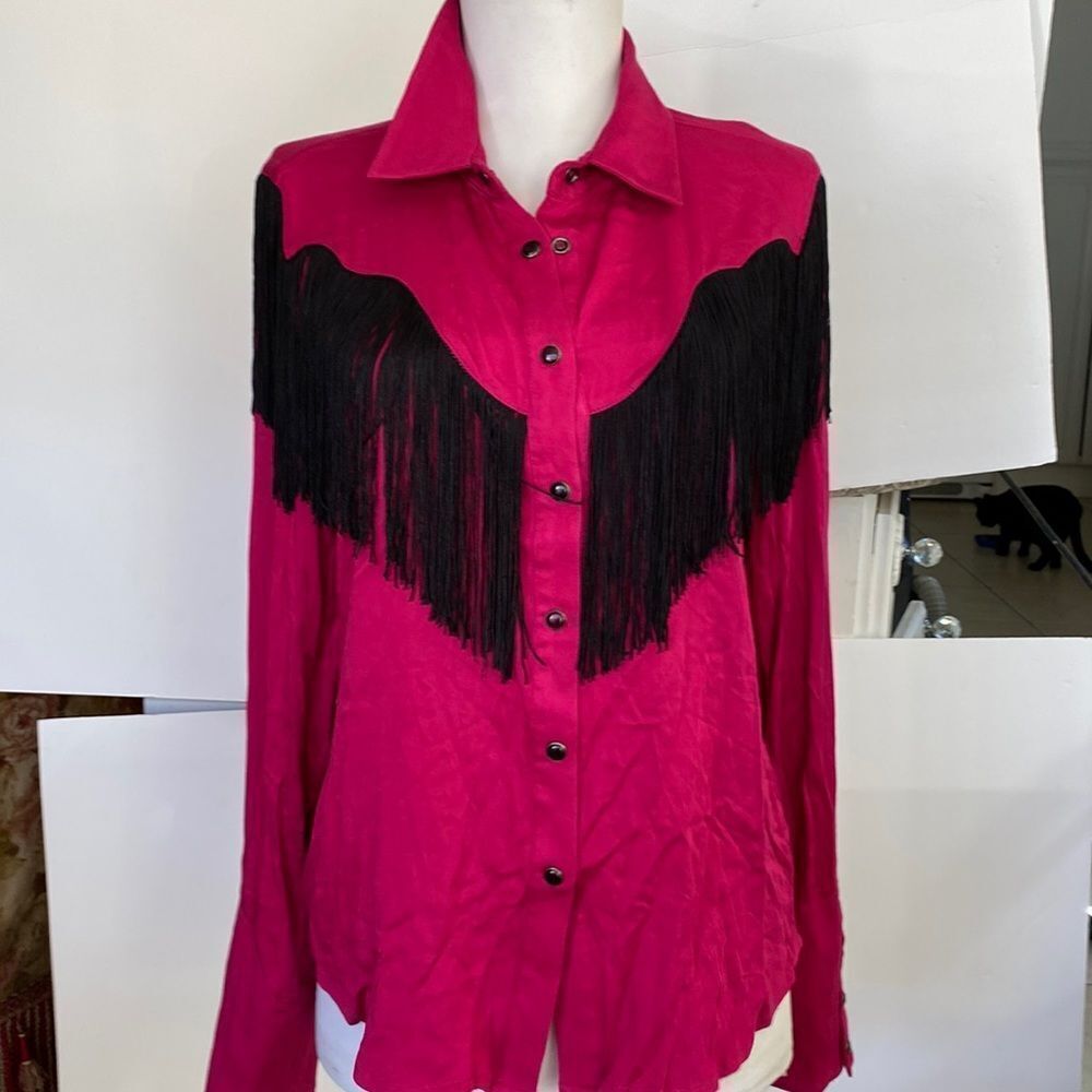 Fushia black fringe black snaps no fabric content possibly rayon cotton brandnew